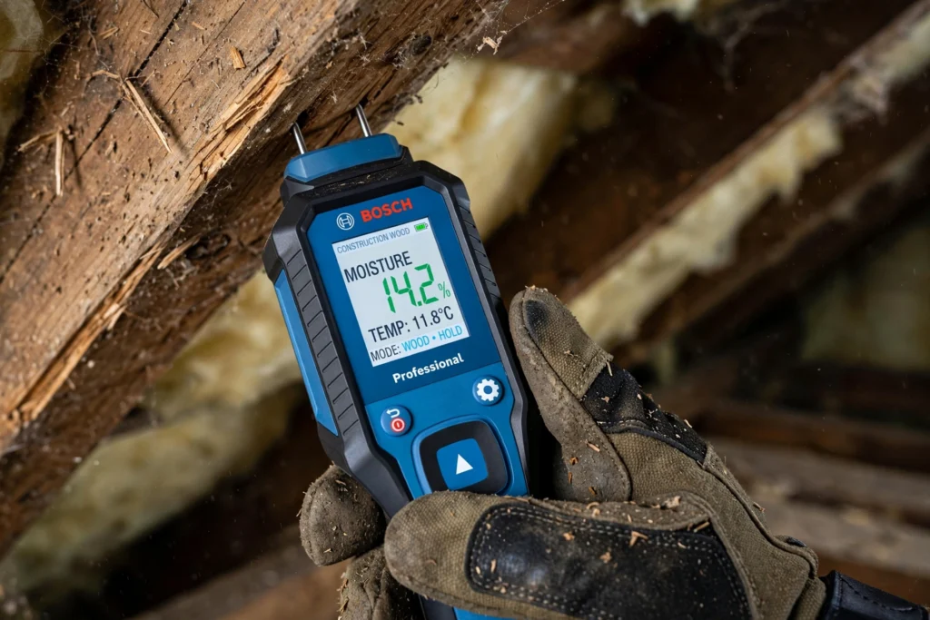 Moisture meter testing attic wood