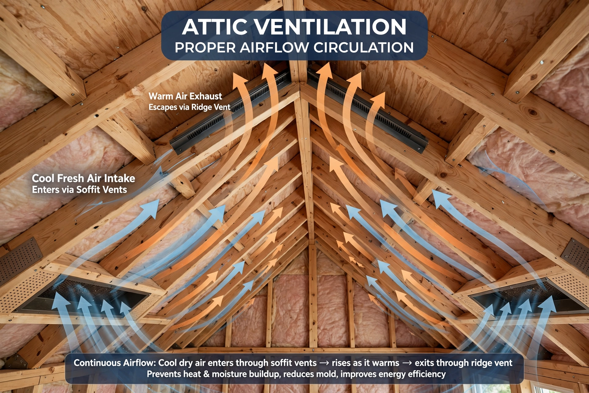 Attic ventilation airflow diagram showing soffit and ridge vents