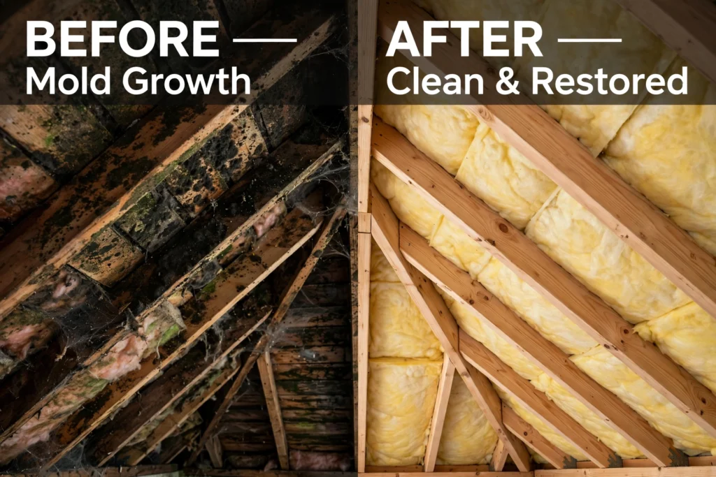Before and after attic mold remediation